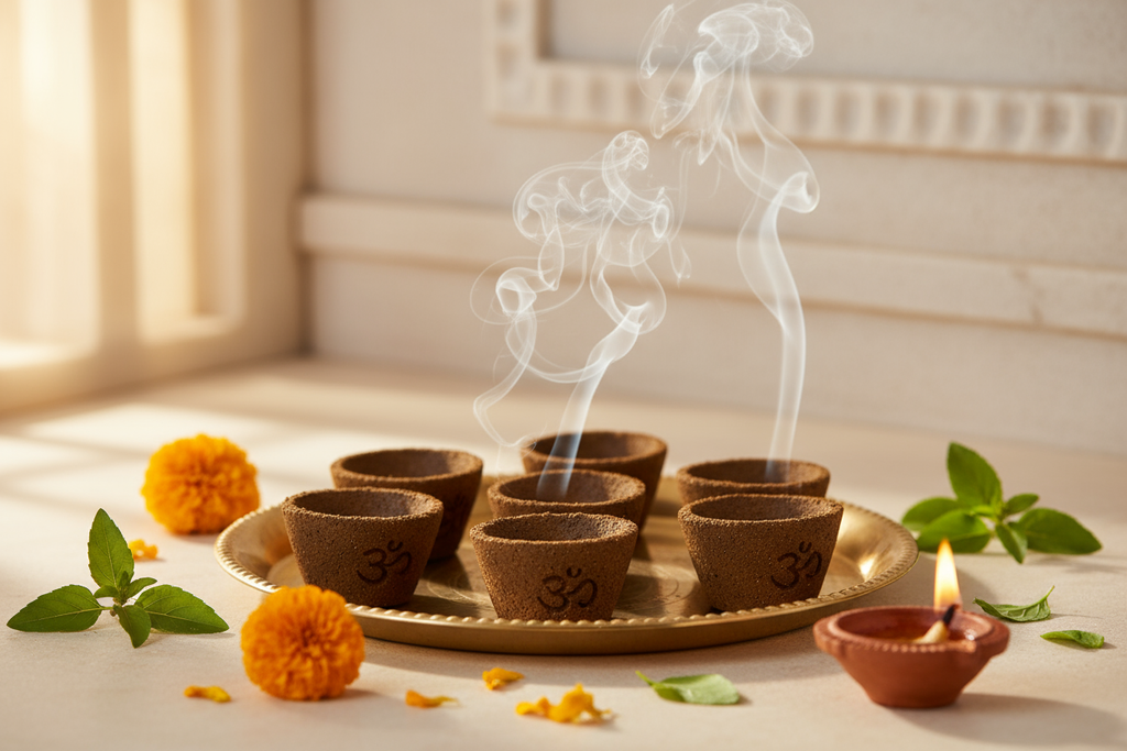 A premium spiritual product photography scene featuring handcrafted cow dung incense cups arranged on a brass plate, surrounded by marigold flowers, tulsi leaves, and a softly glowing diya. Gentle incense smoke rises in elegant swirls. Background is warm off-white with subtle temple wall texture and soft natural sunlight entering from the side, creating a calm, devotional atmosphere. The look should be premium, serene, clean, and authentic — no clutter. No text. Ultra-realistic product photography, warm gol